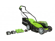 Load image into Gallery viewer, Greenworks 48V (2 x 24V) 36cm Cordless Lawnmower with Two 24V 2Ah Batteries & 2Ah Twin Charger
