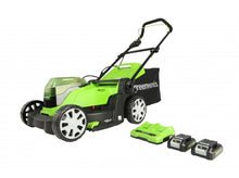 Load image into Gallery viewer, Greenworks 48V (2 x 24V) 41cm Lawnmower with Two 24V 2Ah Batteries & 2Ah Twin Charger