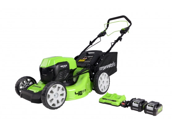 Greenworks 48V (2 x 24V) 46cm Brushless Self Propelled Lawnmower with Two 24V 4Ah Batteries & 2Ah Twin Charger