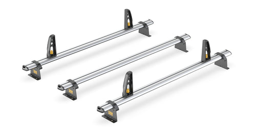 Set of three silver roof racks on a white background