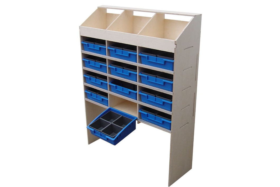Van Guard Fullfit 3 pigeon hole unit 4 shelves with 12 removable blue trays – 300mm deep Birch plywood van racking VL100/E/3