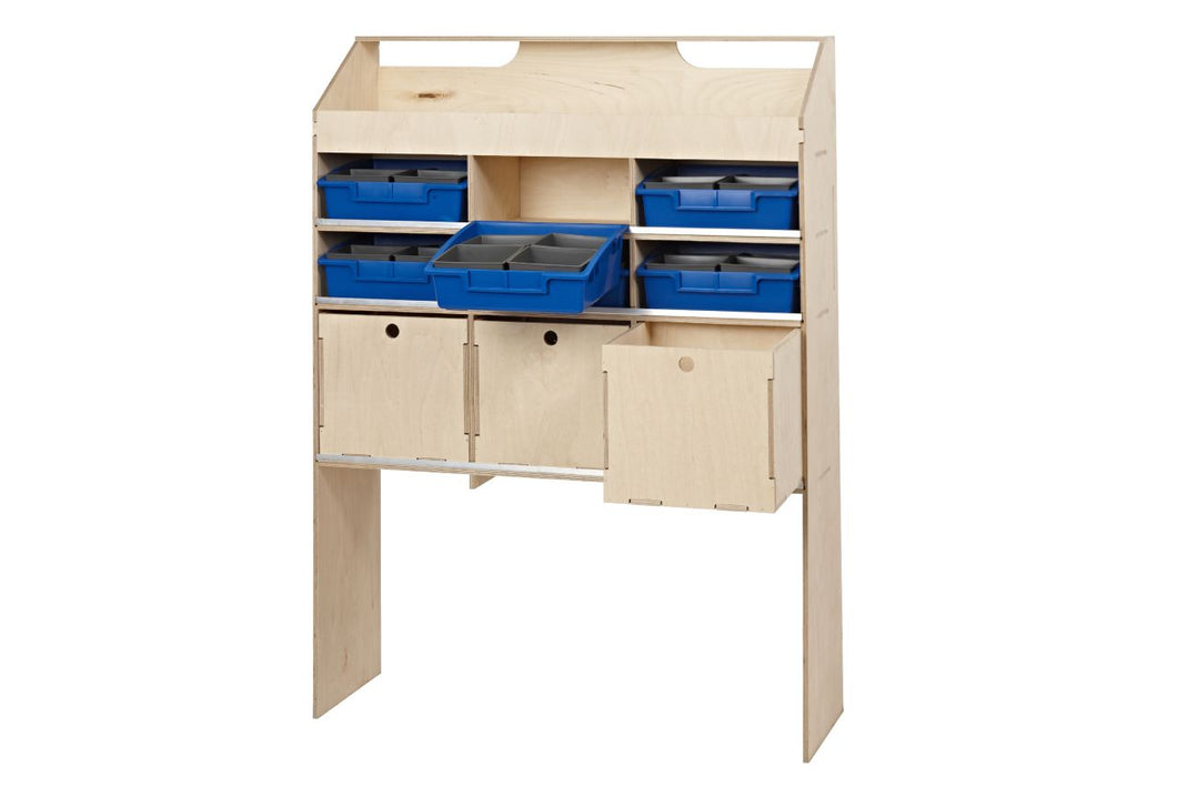 Van Guard Fullfit 3 drawer unit with 1 open shelf 6 blue trays – 300mm deep Birch Ply Wooden Van Racking VL100/J/3