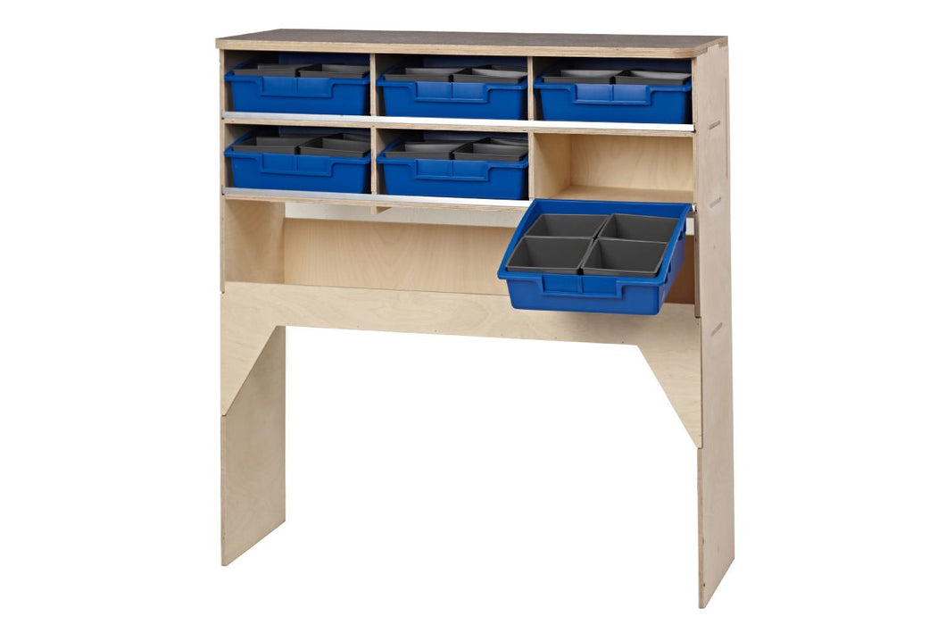 Van Guard Fullfit Workbench unit 6 blue trays 1 open shelf 18mm phenolic worktop – 300mm deep Birch plywood van racking VL100/K/3